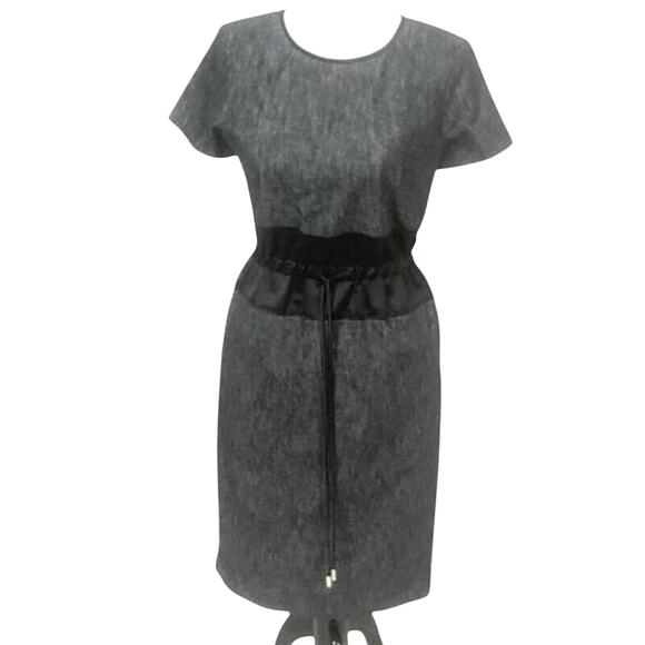 Paula Ka Short Sleeve Cinch Waist Satin Trim Career Dress Black Gray EUC Small - Picture 1 of 5